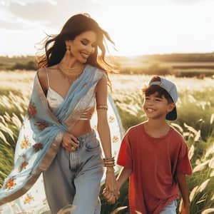 Beautiful Woman and Boy Sharing Joyful Moment in Sunlit Field