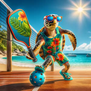 Playful Sea Turtle with Pickelball Paddle - Whimsical Wildlife Scene