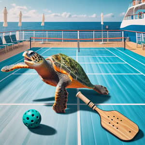 Playful Sea Turtle in Vibrant Pickleball Game on Beach Court