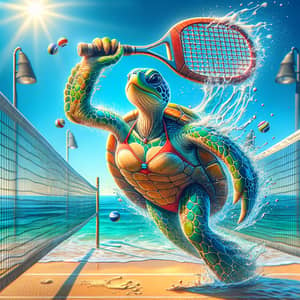 Playful Sea Turtle with Pickelball Paddle on Beach Court