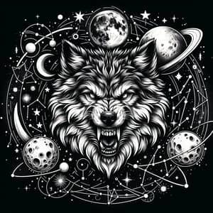 Angry Wolf Tattoo Surrounded by Astronomical Elements