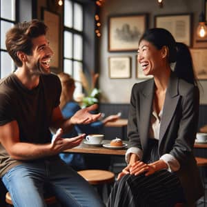 Friendly Conversation in Cozy Café: Shared Laughter