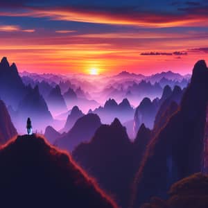 Stunning Mountain Landscape at Sunset with Silhouette of Asian Woman
