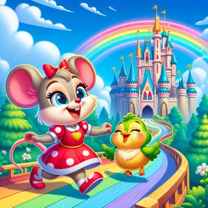 Joyful Cartoon Mouse and Cheerful Bird Adventure Across Rainbow Bridge