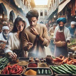 Cultural Marketplace Exploration with South Asian Man and Hispanic Woman