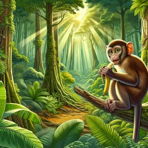 Detailed Digital Illustration of a Joyful Monkey in Natural Rainforest Habitat
