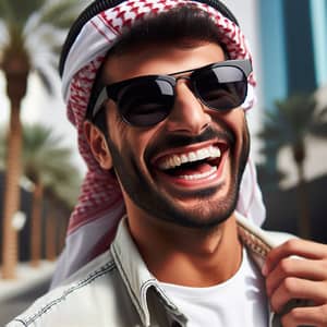 Happy Middle-Eastern Man Laughing Heartily in Black Sunglasses
