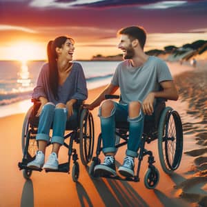 Romantic Beach Date for Young Couple in Wheelchairs at Sunset