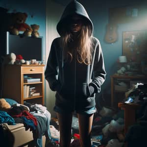 Teenage Girl in Dark Room with Dramatic Shadows