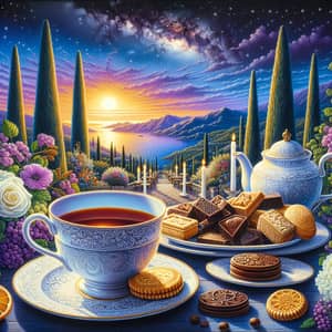 Cozy Tea-Drinking Scene Illustration | Chocolates & Biscuits