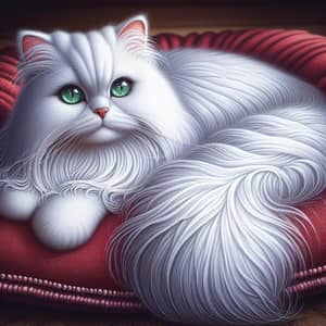Beautifully Groomed White Persian Cat on Plush Red Pillow