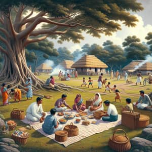 Rustic Indian Village Scene with Picnic and Cricket Game