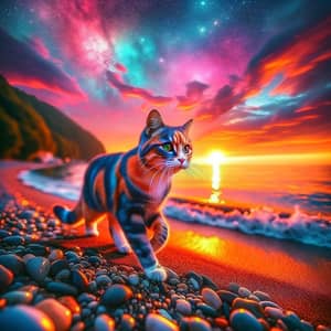 Captivating Sunset: Multi-Colored Cat Walking by the Seaside