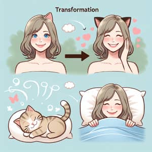 Woman's Transformation into Cat with Cat Ears and Tail
