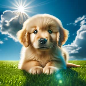 Adorable Fluffy Golden Retriever Puppy Sitting on Lush Green Lawn
