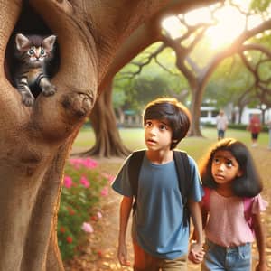 Children Helping Stray Kitten in Sunny Park | Heartwarming Scene