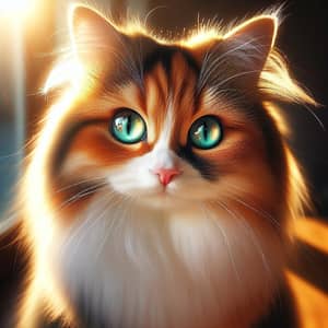 Fluffy Calico Domestic Cat | Emerald Eyes & Playful Stare