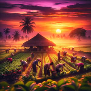 Filipino Farmers at Sunset in Lush Fields