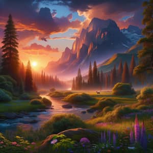 Tranquil Sunset Landscape with Mountain Range Views