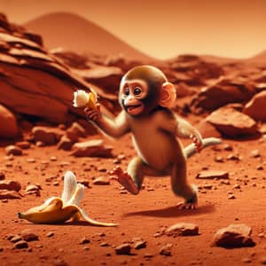 Playful Monkey on Mars Enjoying Banana Delight