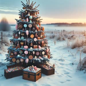 Snowy Field Pine Tree with Sweet Treat Decorations