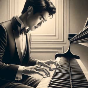 Professional Asian Male Pianist Playing Elegant Grand Piano