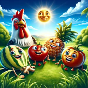 Whimsical Cartoon Fruits and Veggies on Green Grass