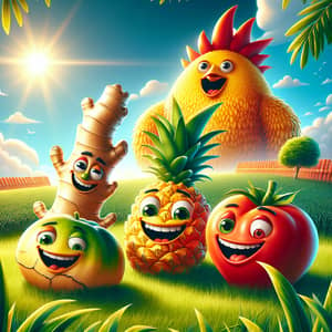 Cartoon Fruits and Veggies on Sunny Grass