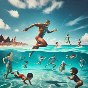 Swimming in Turquoise Sea - Diverse Group Enjoys Ocean Swim