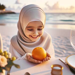 Olivia Muslim Girl Enjoying Orange on Seaside Dinner Table