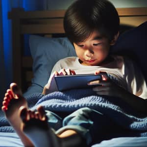 Young Asian Boy Playing Smartphone Game on Bed