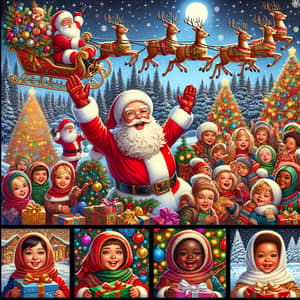 Traditional Christmas Postcard with Santa, Christmas Trees & Multicultural Children