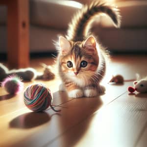 Striped Domestic Cat Playing with Toys - Camouflage Fur Pattern