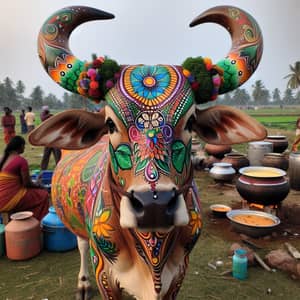 Festively Decorated South Asian Cow for Pongal Festivities