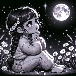 Cute Hispanic Girl Admiring Full Moon | Night Sky Sketch