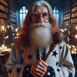 Elderly Wizard with Full-Length Stars Robe and Wooden Wand
