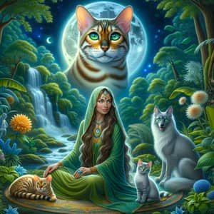 Celestial Bengal Cat Watching Female Shaman in Verdant Forest