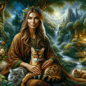 Enchanted Forest Shaman with Bengal Cat and Tranquil Setting