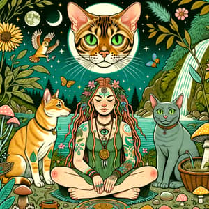 Golden Bengal Cat and Shaman Woman in a Green Tone Scene