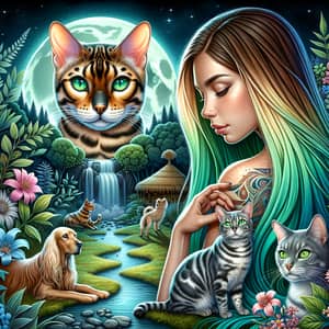 Mystical Scene with Bengal Cat and Shamanistic Woman