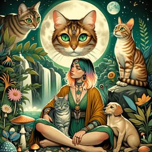 Golden Bengali Cat and Shaman Connection in Nature Scene