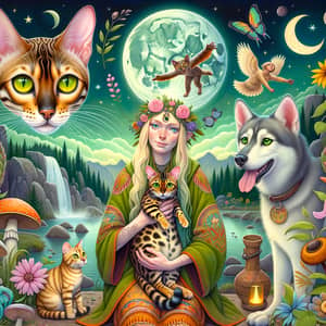 Bengal Cat and Shaman Woman in a Green World