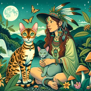 Golden Bengal Cat and Shaman Woman | Ethereal Nature Scene