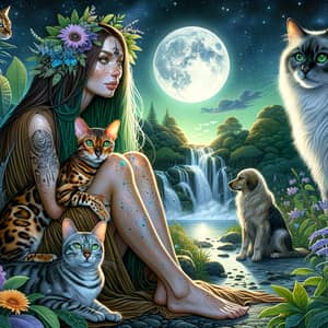Mystic Scene with Bengal Cat, Shaman Woman, and Animals in Nature