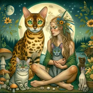 Mystical Scene with Bengal Cats, Shamanic Woman, Russian Blue Cat, and Creole Dog