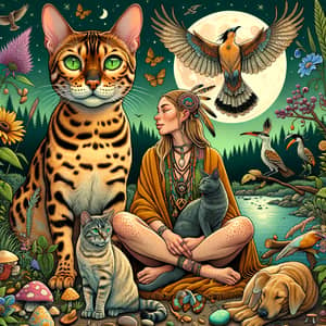 Golden Bengal Cat and Shamanic Woman in Nature Setting