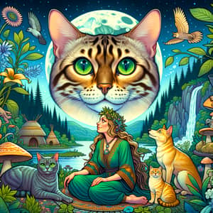 Golden Bengal Cat and Shaman Woman in Enchanted Forest