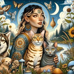 Bengali Cat and Shaman Healer Woman in Ethereal Nature Scene