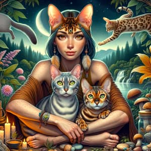 Female Shaman and Healer of Hispanic Descent with Bengal Cats and Other Pets in Serene Green Setting