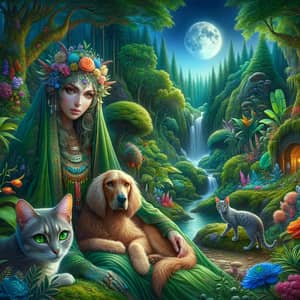 Mystical Forest Scene with Middle-Eastern Shaman and Animal Companions